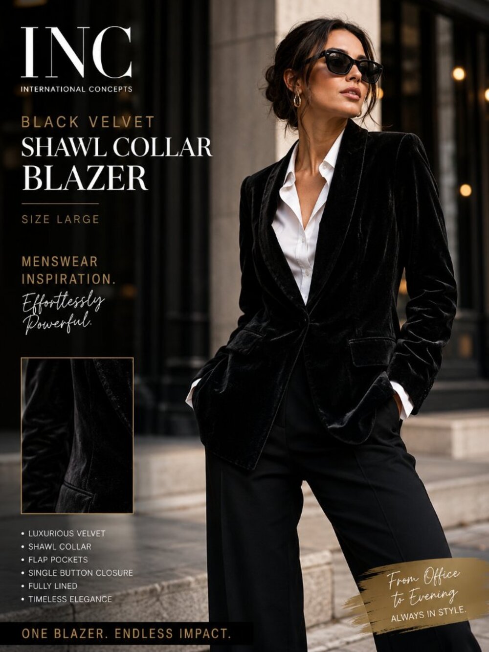 INC International Concepts Black Velvet Shawl Collar Blazer